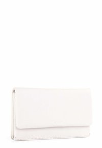 White leather wallet with a smooth texture, rectangular shape, and a flap closure. Features minimalistic design and subtle stitching detail.