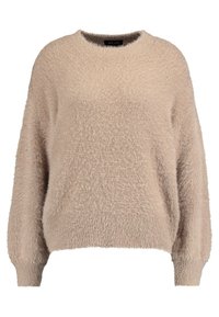 Beige fuzzy trui met een ronde halslijn, lange mouwen en een ontspannen pasvorm. Zachte textuur, geen zichtbare patronen of hardwaredetails.