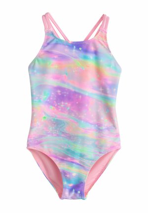 Éndelt børnebadebukser med tynde dobbelte lyserøde stropper og et farverigt pastel swirl mønster med stjerne-lignende glimt.