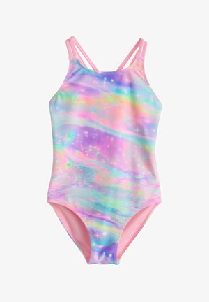 Éndelt børnebadebukser med tynde dobbelte lyserøde stropper og et farverigt pastel swirl mønster med stjerne-lignende glimt.