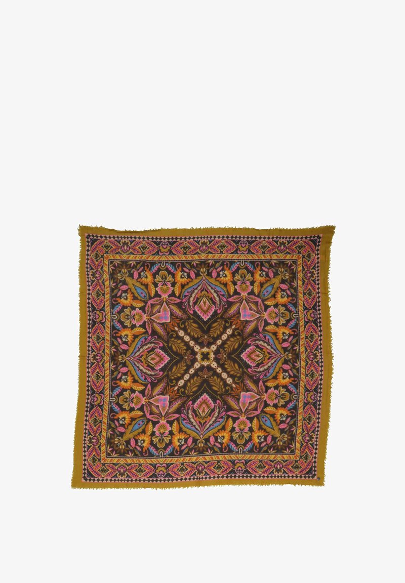Négyzet alakú sál, amely bonyolult virágmintákkal rendelkezik, élénk színekben: rózsaszín, kék, narancs és barna. Flekkes szegéllyel készült.