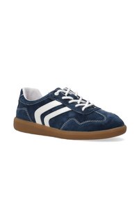 Navy blue suede sneaker with white side stripes, white laces, and a gum rubber sole. Features stitched detailing along the upper.