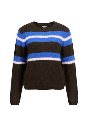 Bruine gebreide trui met blauwe en roze horizontale strepen, ronde halslijn, textuurstof en lange mouwen in een cropped ontwerp.