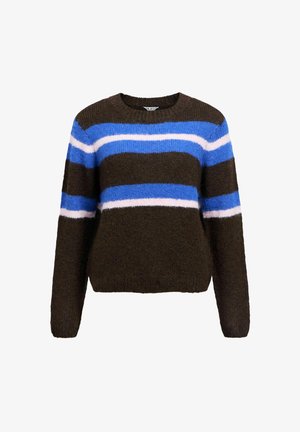 Brauner gestrickter Pullover mit horizontalen Streifen in Blau und Pink, runder Halsausschnitt, strukturierten Stoff und langen Ärmeln im verkürzten Design.