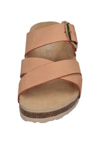 Tan leather slide sandal with crisscross straps and a gold buckle. Soft suede-like texture, flat cork sole, and a slight heel.