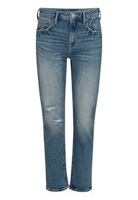 Jasnoniebieskie dżinsy, wysokoprofilowe z prostą nogawką, z przetarciami w okolicy kolan i lekkim strzępieniem na dołach.