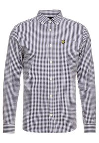 Camicia a maniche lunghe in pattern a scacchi blu navy e bianco, con colletto button-down, tasca frontale e piccolo logo ricamato sul petto.