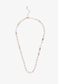 Guldtonad kedja halsband med avlånga länkar i varierande former, med ett lås och justerbar kedja för längdjustering.