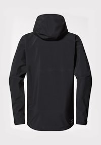 Zwarte waterdichte jas met een capuchon, gladde textuur en lange mouwen. Kenmerkt zich door een rechte snit en minimalistisch ontwerp, zonder zichtbare accenten.