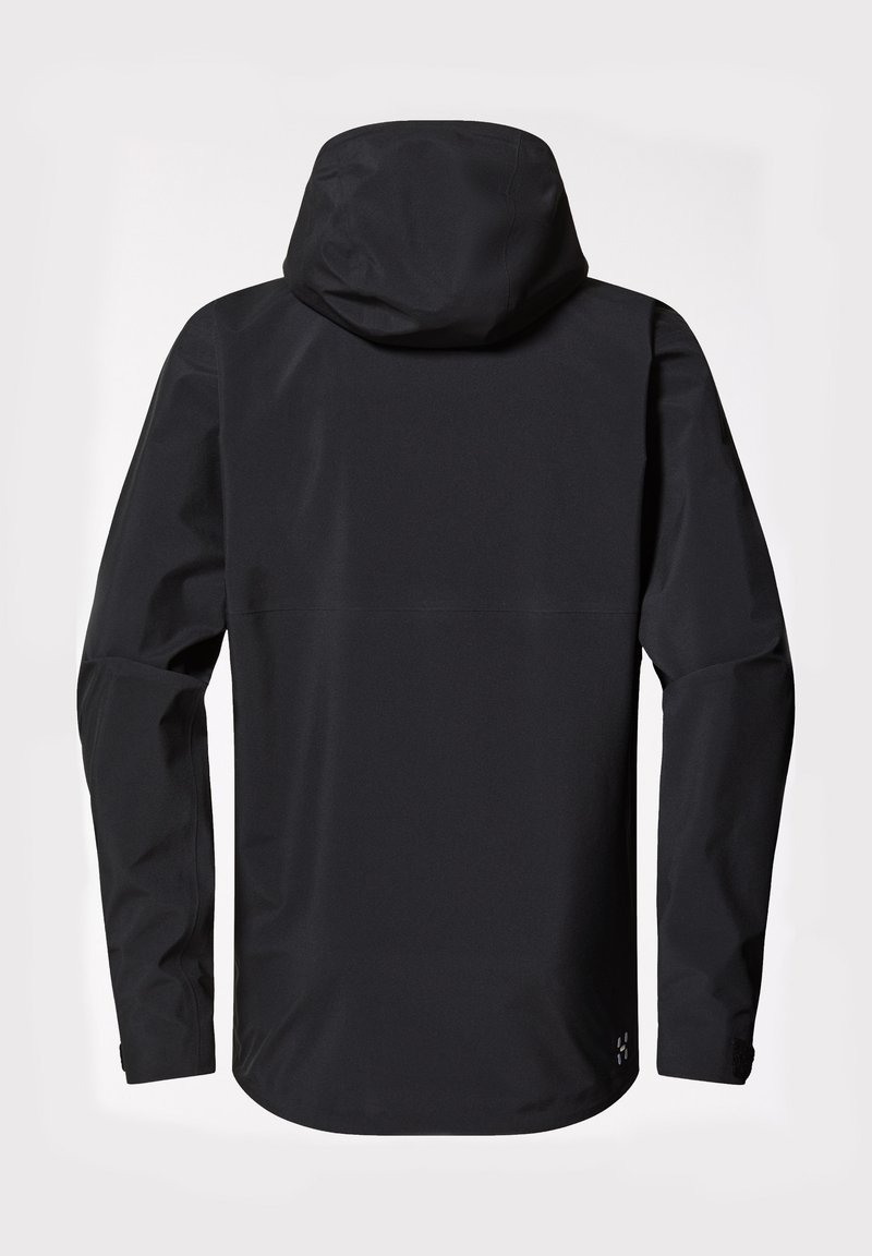 Veste noire imperméable avec capuche, texture lisse et manches longues. Présente une coupe droite et un design minimaliste, sans accents visibles.