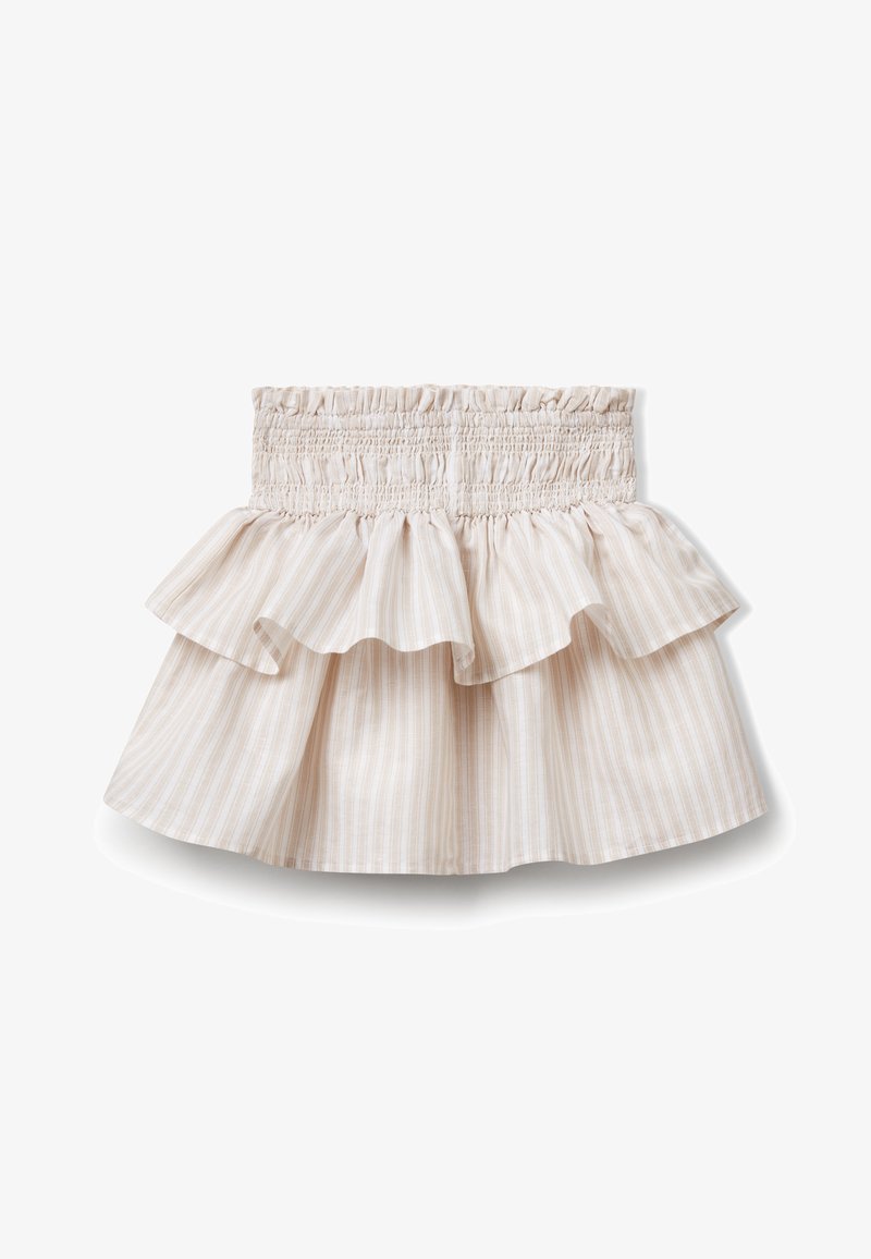 Jupe évasée rayée avec une taille smockée, dotée d'un ourlet à volants dans des teintes beiges et blanches douces, fabriquée en tissu léger.