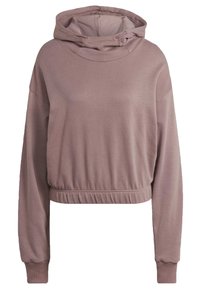 Sweat à capuche court en mauve doux et discret. Il présente une capuche avec cordon, une coupe décontractée, des manches larges, ainsi qu'un ourlet et des poignets élastiqués avec une texture lisse.