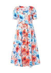 Robe fleurie avec des manches bouffantes courtes, ornée d'une fermeture à boutons, d'un motif floral coloré en rouge, bleu et blanc, et d'une jupe évasée texturée.