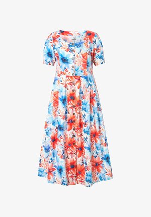 Květinové šaty s krátkými nařasenými rukávy, s knoflíkovým zapínáním, barevným květinovým vzorem v červené, modré a bílé barvě a rozšířenou strukturovanou sukní.