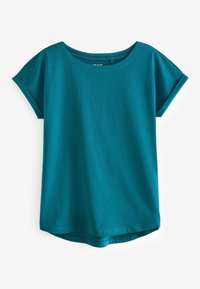 T-shirt à manches courtes bleu sarcelle en tissu doux avec un col arrondi et un ourlet légèrement courbé. Design simple, sans ornement.