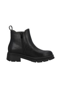 Botines negros de cuero suave con cremallera lateral, suela texturizada y ribete de cremallera plateada en contraste.