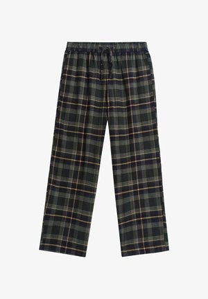 Tummat vihreät, laivastonsiniset ja keltaiset plaid-yöpuvun housut. Varustettu joustavalla vyötäröllä, jossa on nyöri. Hennot, koko pituinen malli.