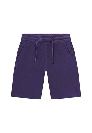 Paarse knielange shorts met een elastische tailleband, verstelbare trekkoord en zijzakken, plat gelegd op een witte achtergrond.