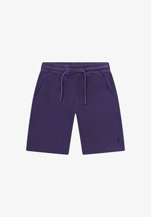 Paarse knielange shorts met een elastische tailleband, verstelbare trekkoord en zijzakken, plat gelegd op een witte achtergrond.