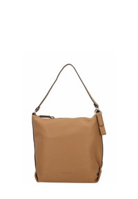 Helle Ledertasche mit einer glatten Textur, Reißverschluss oben und einem einzelnen, geschwungenen Trageriemen. Verfügt über ein minimales Branding auf der Vorderseite.