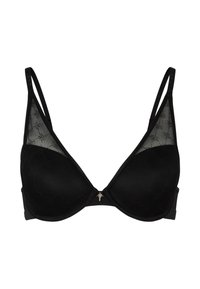 Zwarte bh met trianglecups, gemaakt van een textuurstof en voorzien van meshpanelen. Afgewerkt met een klein decoratief gouden accent in het midden aan de voorkant.