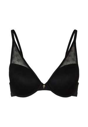 Soutien-gorge noir avec des bonnets triangulaires en tissu texturé et panneaux en maille. Fini avec un petit accent décoratif doré au centre devant.