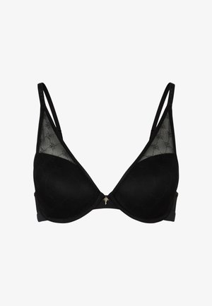Black bra with triange cups featuring a textured fabric and mesh panels. Finished with a small decorative gold accent at the center front.