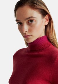 Young woman with light brown hair wearing a fitted red turtleneck sweater, looking slightly to the side with a neutral expression.