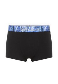 Zwarte boxershorts voor mannen met een patroon in de blauwe tailleband, waarop de merknaam in zilveren letters is afgebeeld. Zacht, rekbaar materiaal.