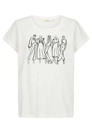 T-shirt en coton blanc avec un design en ligne noire représentant cinq personnages vêtus de différentes tenues. Manches courtes et coupe décontractée.
