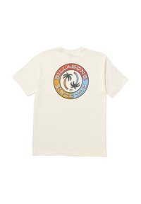 Cream-colored cotton t-shirt featuring a circular graphic with palm trees and "BILLABONG SINCE 1973" text in red, blue, and yellow.