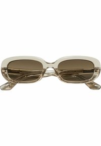 Lunettes de soleil rectangulaires claires avec des verres teintés marron, dotées d'une monture épaisse et translucide et de branches fines. Pas de marques ou de motifs visibles.