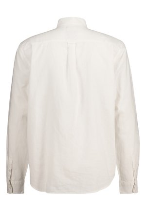 Back view of a plain, long-sleeve, off-white button-up shirt with a center back pleat and buttoned cuffs.