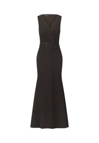 Robe noire avec un corsage ajusté, décolleté en V et une jupe évasée. Présente des broderies complexes en perles noires et motifs floraux à la taille.