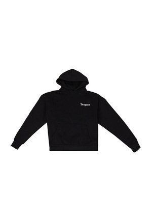 Czarna bluza z kapturem, z kieszenią z przodu, sznurkiem do regulacji kaptura i białym napisem "Dropsize" na lewej piersi. Miękka tkanina, luźny krój.