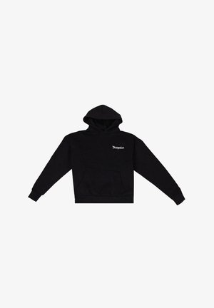 Czarna bluza z kapturem, z kieszenią z przodu, sznurkiem do regulacji kaptura i białym napisem "Dropsize" na lewej piersi. Miękka tkanina, luźny krój.