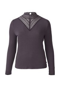 Langsleeve top in donkergrijs met een hoge kanten kraag die een sleutelgatdetail heeft en van textuur ribstof is gemaakt. Kanten rand siert de halslijn.