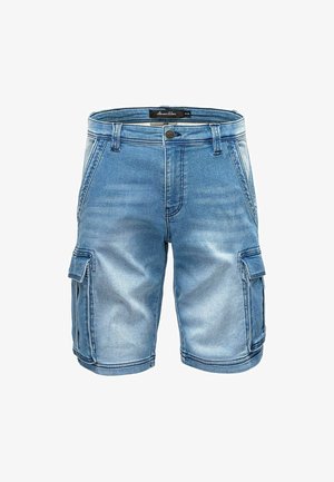 Denim cargo shorts in light blue. Features side pockets with flaps, a button closure, and a relaxed fit. Soft texture with faded finish.
