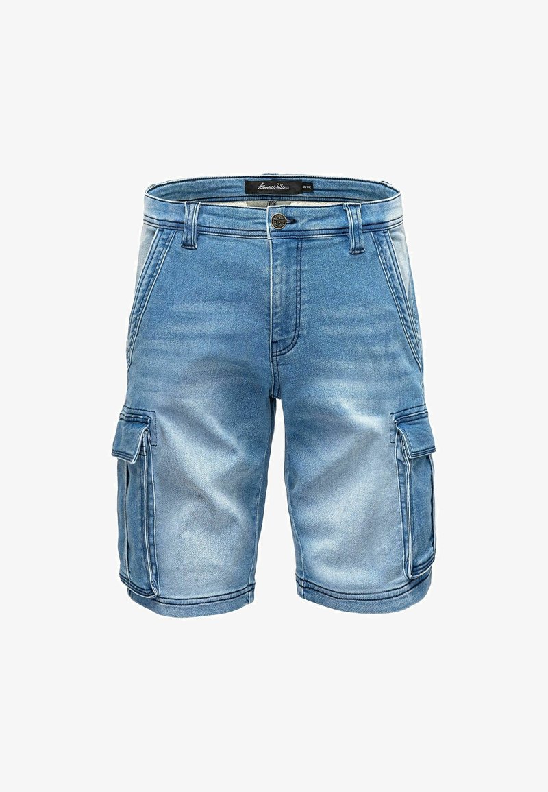 Denim-Cargo-Shorts in Hellblau. Mit seitlichen Taschen mit Klappen, einem Knopfverschluss und einer lockeren Passform. Weicher Stoff mit verwaschenem Finish.