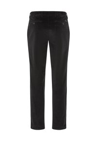 Zwarte corduroybroek met een rechte pasvorm, voorzien van zijzakken, achterzakken met knoopsluitingen en een gestructureerd oppervlak.