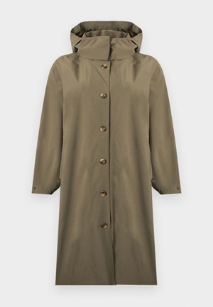 Μακρύ ανοιχτοπράσινο μπουφάν με κουκούλα, κλείσιμο με κουμπιά στο μπροστινό μέρος και μακριά μανίκια, παρουσιάζεται σε λευκό φόντο.