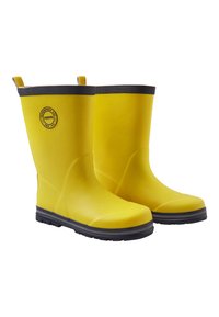 Une paire de bottes de pluie jaunes étanches pour enfants avec des bordures et des semelles noires, comportant un logo circulaire Reima sur le côté.