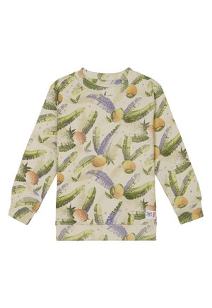 Lange mouw sweatshirt in lichtbeige met een fruit- en bladerenpatroon in groen, geel en paars. Voorzien van geribbelde manchetten en onderzoom.