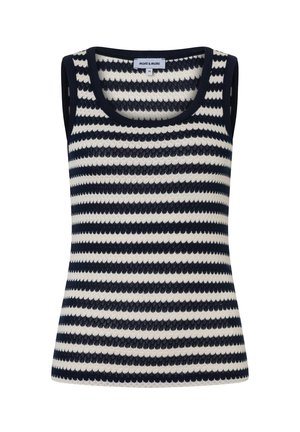 Mouwloos gebreid topje met marineblauwe en witte horizontale strepen, een afgeronde halslijn en een gestructureerd patroon over de gehele stof.