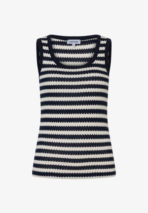 Ärmelloses, gestricktes Top mit marineblauen und weißen horizontalen Streifen, rundem Ausschnitt und durchgehend strukturiertem Muster.