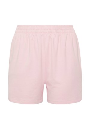 Hellrosa Baumwollshorts mit elastischem Bund, lockerer Passform und einfachem Saum, von vorne vor weißem Hintergrund gezeigt.