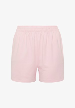 Lyserøde bomuldsshorts med elastisk talje, afslappet pasform og enkel kant, vist forfra på hvid baggrund.