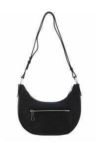 Sac à main en cuir noir avec une forme incurvée, poche zippée argentée à l'avant et bandoulière ajustable. Détail de surface texturée.