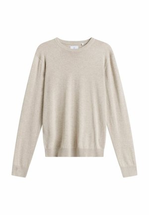 Pull beige à manches longues avec col ras du cou, poignets et ourlet côtelés, fabriqué en tissu tricoté doux, présenté sur un fond blanc.