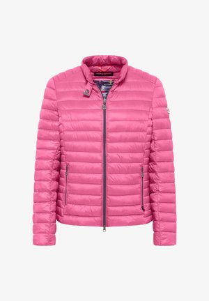 Pink lightweight quilted jacket with stand collar, front zipper, side zip pockets, and snap button detail near the collar.
